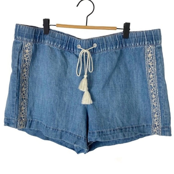 LOFT Embroidered Lace Boho Cotton / Linen Chambray Shorts 14/32 Elastic Waist - Picture 10 of 10